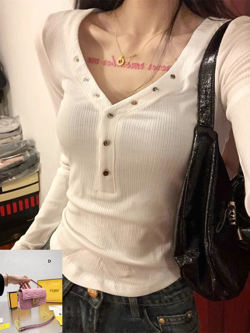 White V-neck Slim-fit Long Sleeve Top SA788