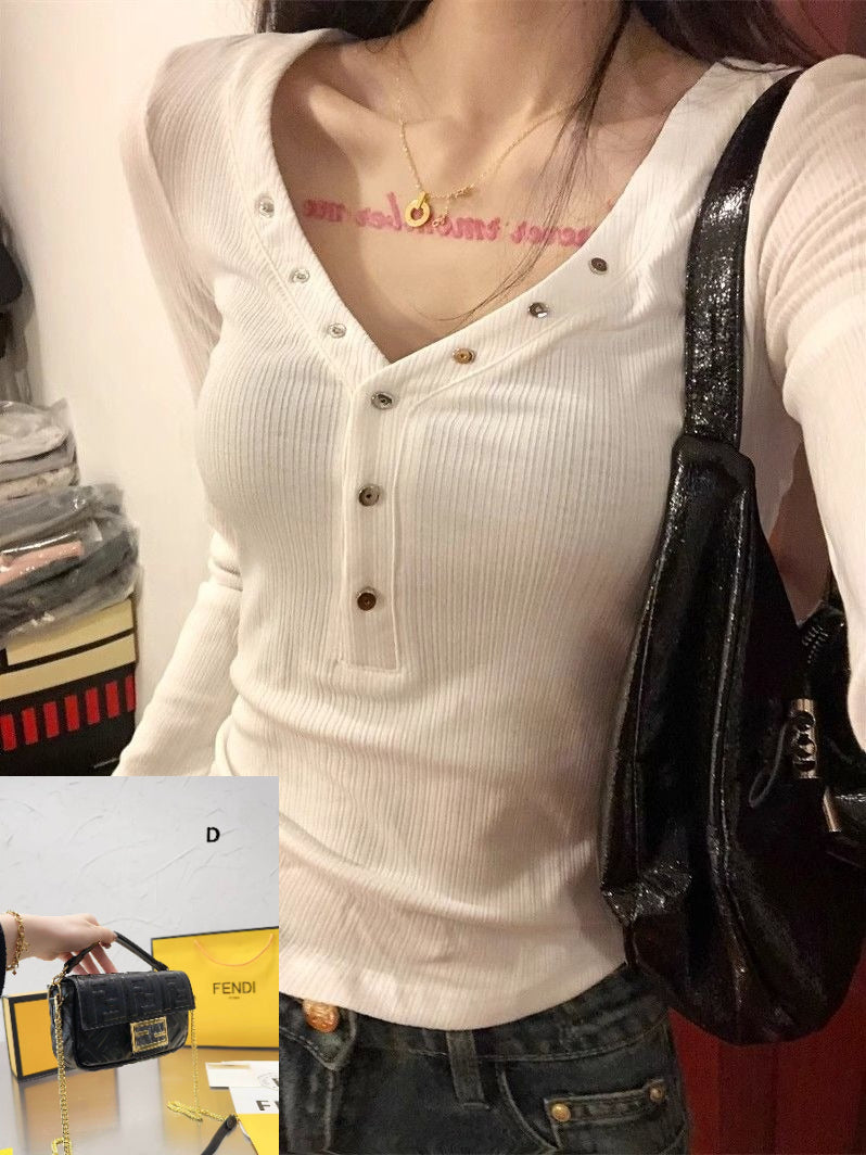 White V-neck Slim-fit Long Sleeve Top SA788