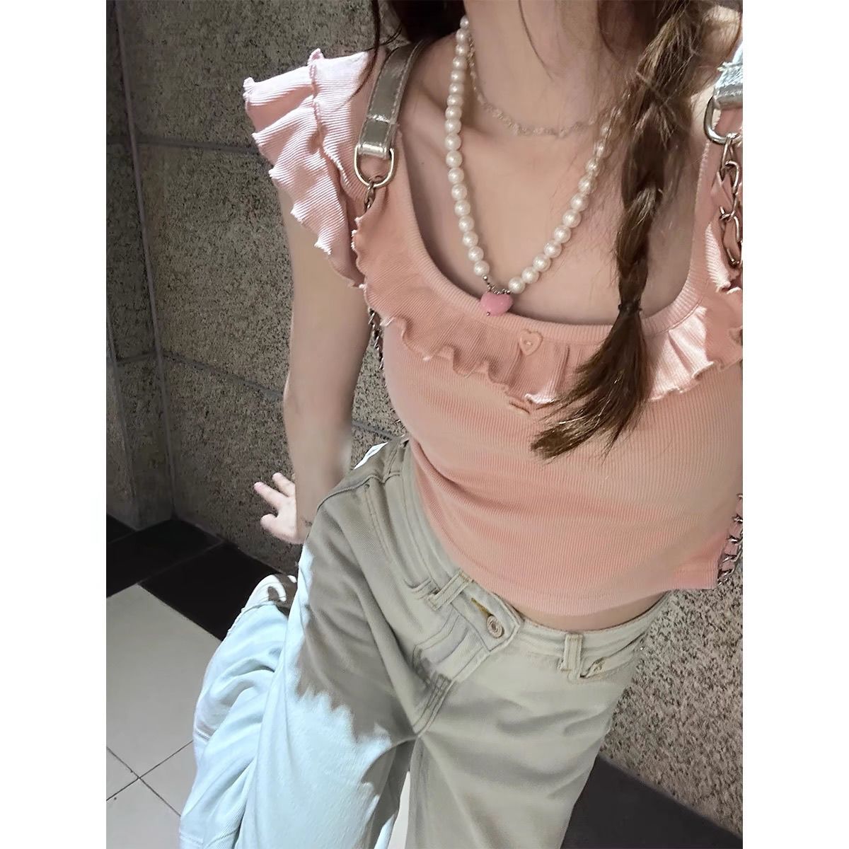 Pink Knitted Top with Flutter Sleeves  64D143 us