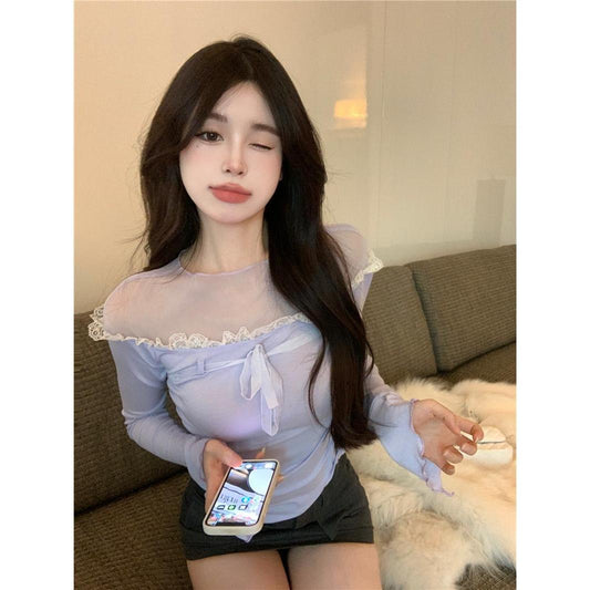 Women's Mesh Patchwork Long-sleeved T-shirt SA864