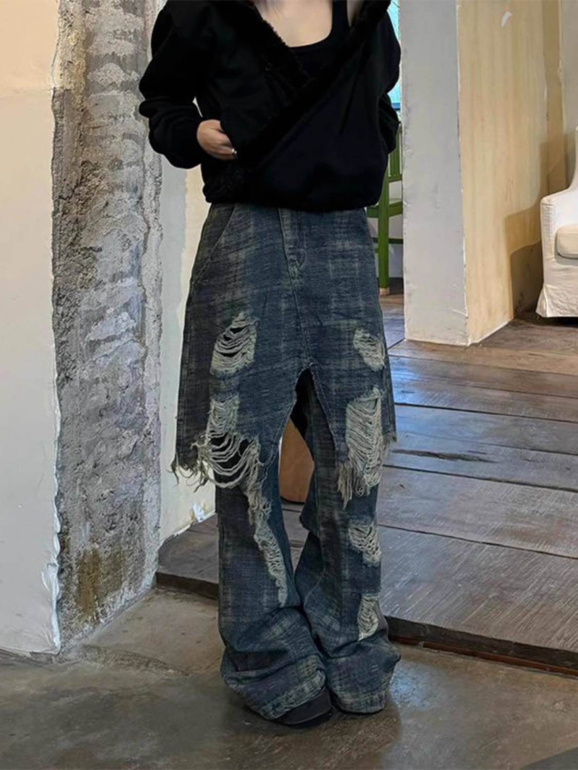 Old Damage Denim Skirt Pants SA652