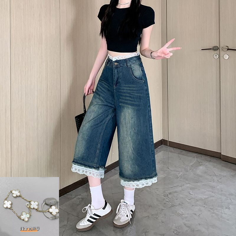 Lace Patchwork Denim Cropped Pants  SA792