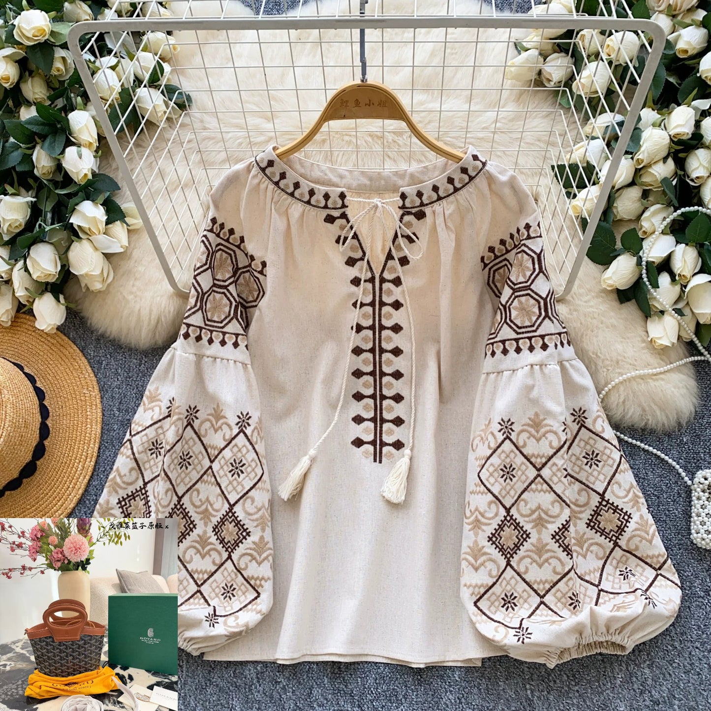 Embroidered Lantern Sleeve Shirt SA778
