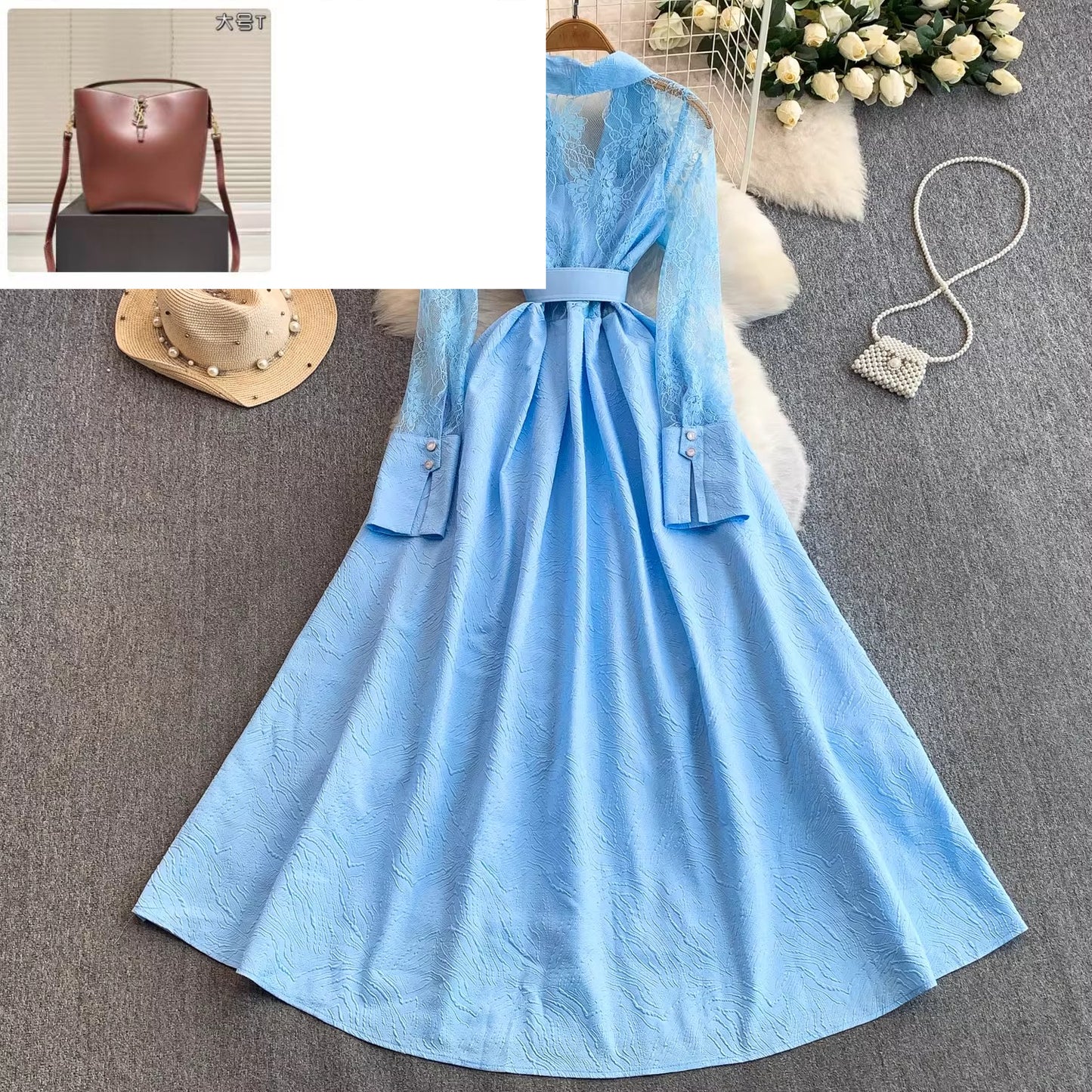 Lace Patchwork V-neck Dress  SA699/SA700/SA701