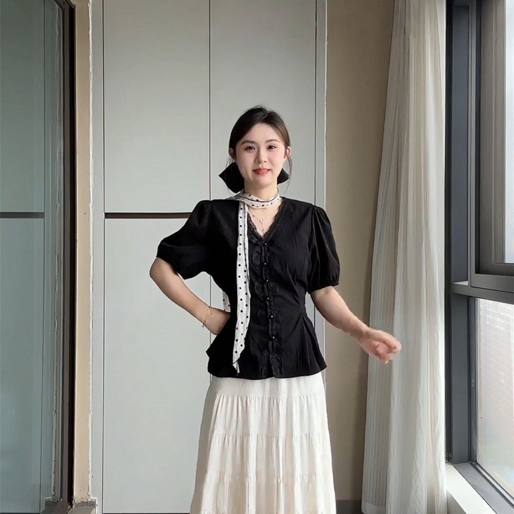 V-neck Short Sleeve Black Blouse SAB123/SAB124