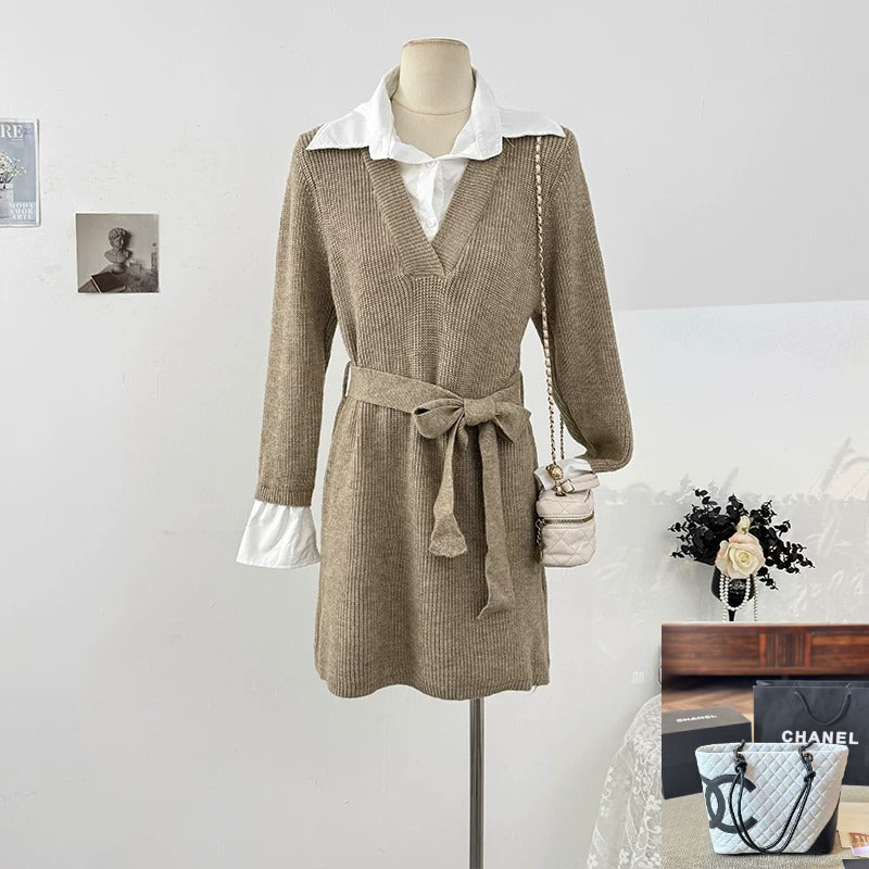 Collared Long-sleeve Knit Dress  SAB122