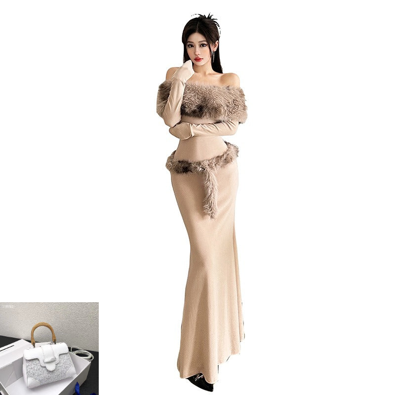 Slim Dress with A One-shoulder Patchwork Fur Collar SA532