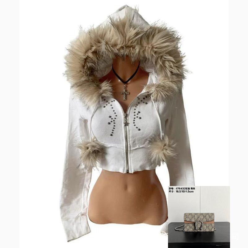 Plush Hooded Hot Diamond Zipper Cardigan SA583